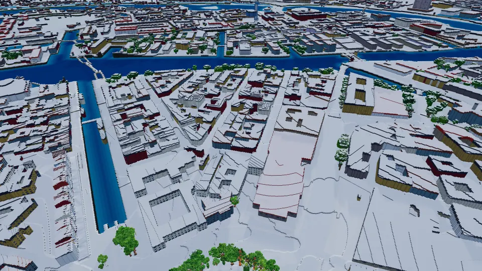 Copenhagen: snow over the city, captured in Voxel Earth Engine