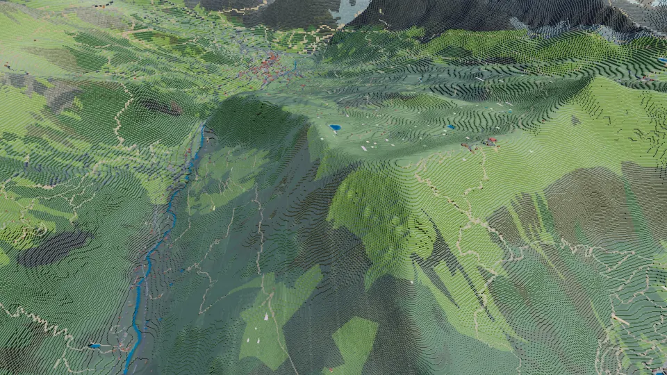 Lauterbrunnen: oblique mountain view, captured in Voxel Earth Engine