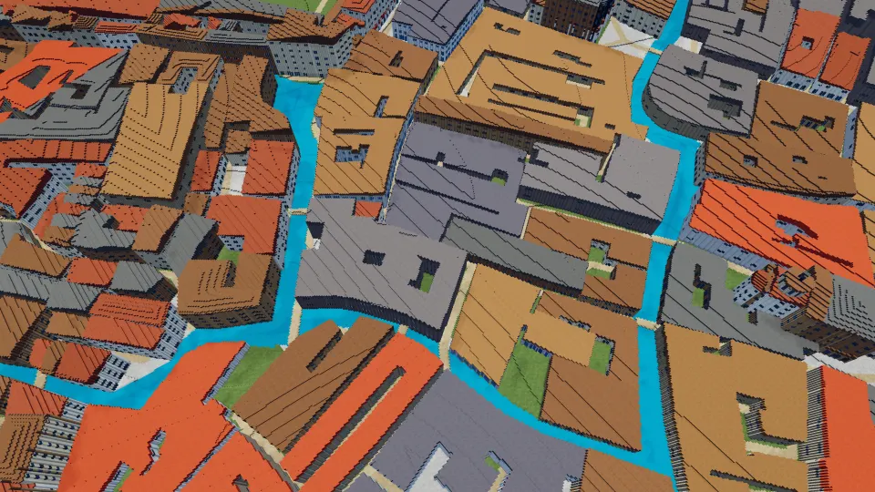 Canals and rooftops in Venice viewed from above